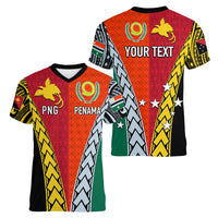 Personalised Papua New Guinea Mix Penama Women V Neck T Shirt Tribal Patterns Half-Half Style - Wonder Print Shop