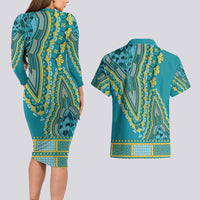 African Dashiki Couples Matching Long Sleeve Bodycon Dress and Hawaiian Shirt Luxury Teal LT7 - Wonder Print Shop