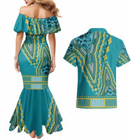 African Dashiki Couples Matching Mermaid Dress and Hawaiian Shirt Luxury Teal LT7 - Wonder Print Shop