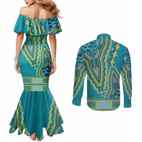 African Dashiki Couples Matching Mermaid Dress and Long Sleeve Button Shirt Luxury Teal