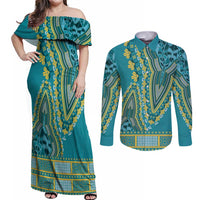 African Dashiki Couples Matching Off Shoulder Maxi Dress and Long Sleeve Button Shirt Luxury Teal LT7 - Wonder Print Shop