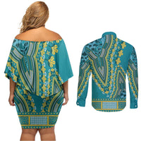 African Dashiki Couples Matching Off Shoulder Short Dress and Long Sleeve Button Shirt Luxury Teal LT7 - Wonder Print Shop