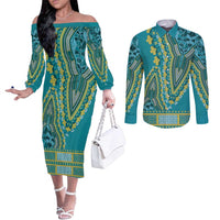 African Dashiki Couples Matching Off The Shoulder Long Sleeve Dress and Long Sleeve Button Shirt Luxury Teal