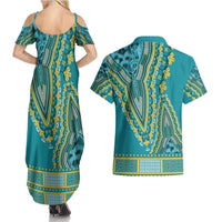 African Dashiki Couples Matching Summer Maxi Dress and Hawaiian Shirt Luxury Teal LT7 - Wonder Print Shop
