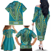 African Dashiki Family Matching Off The Shoulder Long Sleeve Dress and Hawaiian Shirt Luxury Teal - Wonder Print Shop