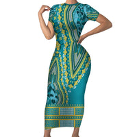 African Dashiki Short Sleeve Bodycon Dress Luxury Teal - Wonder Print Shop