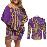 African Dashiki Couples Matching Off Shoulder Short Dress and Long Sleeve Button Shirt Luxury Violet LT7 - Wonder Print Shop