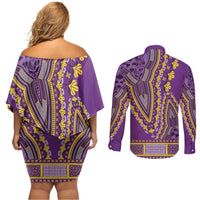 African Dashiki Couples Matching Off Shoulder Short Dress and Long Sleeve Button Shirt Luxury Violet LT7 - Wonder Print Shop