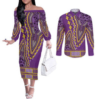 African Dashiki Couples Matching Off The Shoulder Long Sleeve Dress and Long Sleeve Button Shirt Luxury Violet