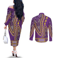 African Dashiki Couples Matching Off The Shoulder Long Sleeve Dress and Long Sleeve Button Shirt Luxury Violet