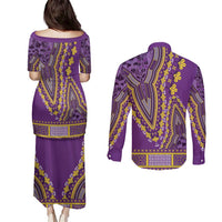 African Dashiki Couples Matching Puletasi and Long Sleeve Button Shirt Luxury Violet LT7 - Wonder Print Shop
