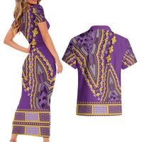 African Dashiki Couples Matching Short Sleeve Bodycon Dress and Hawaiian Shirt Luxury Violet LT7 - Wonder Print Shop