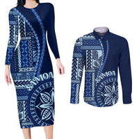 Samoa Siapo Motif Couples Matching Long Sleeve Bodycon Dress and Long Sleeve Button Shirt Classic Style - Bue Ver LT7 - Wonder Print Shop