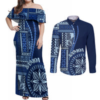 Samoa Siapo Motif Couples Matching Off Shoulder Maxi Dress and Long Sleeve Button Shirt Classic Style - Bue Ver LT7 - Wonder Print Shop