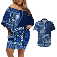 Samoa Siapo Motif Couples Matching Off Shoulder Short Dress and Hawaiian Shirt Classic Style - Bue Ver LT7 - Wonder Print Shop