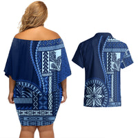Samoa Siapo Motif Couples Matching Off Shoulder Short Dress and Hawaiian Shirt Classic Style - Bue Ver LT7 - Wonder Print Shop