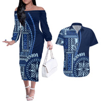 Samoa Siapo Motif Couples Matching Off The Shoulder Long Sleeve Dress and Hawaiian Shirt Classic Style - Bue Ver LT7 - Wonder Print Shop
