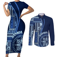 Samoa Siapo Motif Couples Matching Short Sleeve Bodycon Dress and Long Sleeve Button Shirt Classic Style - Bue Ver LT7 - Wonder Print Shop