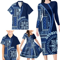 Samoa Siapo Motif Family Matching Long Sleeve Bodycon Dress and Hawaiian Shirt Classic Style - Bue Ver LT7 - Wonder Print Shop