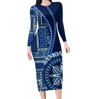 Samoa Siapo Motif Family Matching Long Sleeve Bodycon Dress and Hawaiian Shirt Classic Style - Bue Ver LT7 - Wonder Print Shop