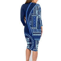 Samoa Siapo Motif Family Matching Long Sleeve Bodycon Dress and Hawaiian Shirt Classic Style - Bue Ver LT7 - Wonder Print Shop