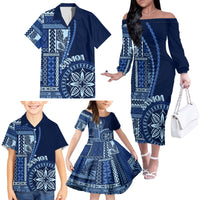 Samoa Siapo Motif Family Matching Off Shoulder Long Sleeve Dress and Hawaiian Shirt Classic Style - Bue Ver - Wonder Print Shop