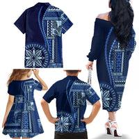 Samoa Siapo Motif Family Matching Off Shoulder Long Sleeve Dress and Hawaiian Shirt Classic Style - Bue Ver - Wonder Print Shop