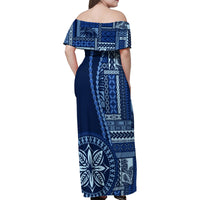 Samoa Siapo Motif Family Matching Off Shoulder Maxi Dress and Hawaiian Shirt Classic Style - Bue Ver LT7 - Wonder Print Shop