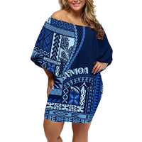 Samoa Siapo Motif Family Matching Off Shoulder Short Dress and Hawaiian Shirt Classic Style - Bue Ver LT7 - Wonder Print Shop