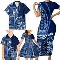 Samoa Siapo Motif Family Matching Short Sleeve Bodycon Dress and Hawaiian Shirt Classic Style - Bue Ver - Wonder Print Shop
