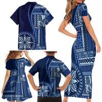 Samoa Siapo Motif Family Matching Short Sleeve Bodycon Dress and Hawaiian Shirt Classic Style - Bue Ver - Wonder Print Shop