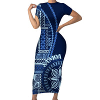 Samoa Siapo Motif Family Matching Short Sleeve Bodycon Dress and Hawaiian Shirt Classic Style - Bue Ver - Wonder Print Shop