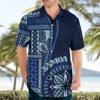 Blue Hawaiian shirt with siapo leaf emblem and “Samoa” text on front.