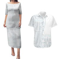 Samoa White Sunday Couples Matching Puletasi Dress and Hawaiian Shirt Classic Siapo Style LT7 - Wonder Print Shop
