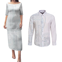 Samoa White Sunday Couples Matching Puletasi Dress and Long Sleeve Button Shirt Classic Siapo Style LT7 - Wonder Print Shop