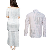 Samoa White Sunday Couples Matching Puletasi Dress and Long Sleeve Button Shirt Classic Siapo Style LT7 - Wonder Print Shop