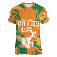 Ivory Coast Football Custom Women V Neck T Shirt Les Elephants Champions - Wonder Print Shop