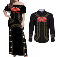 Mexico Mariachi Charro Costume Inpsired Couples Matching Off Shoulder Maxi Dress and Long Sleeve Button Shirt