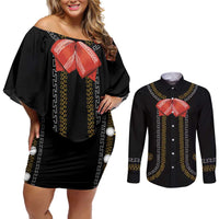 Mexico Mariachi Charro Costume Inpsired Couples Matching Off Shoulder Short Dress and Long Sleeve Button Shirt