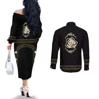 Mexico Mariachi Charro Costume Inpsired Couples Matching Off The Shoulder Long Sleeve Dress and Long Sleeve Button Shirt