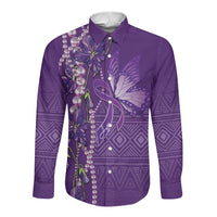 Lupus Awareness Purple Ribbon Butterfly Long Sleeve Button Shirt Hope