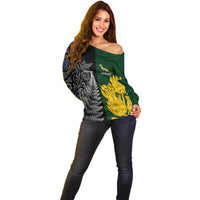 Personalised New Zealand Mix South Africa Rugby Off Shoulder Sweater Protea Vs. Silver Ferns - Wonder Print Shop