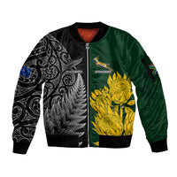 Personalised New Zealand Mix South Africa Rugby Sleeve Zip Bomber Jacket Protea Vs. Silver Ferns - Wonder Print Shop
