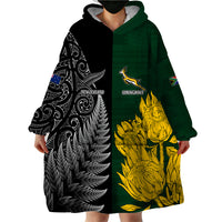 Personalised New Zealand Mix South Africa Rugby Wearable Blanket Hoodie Protea Vs. Silver Ferns - Wonder Print Shop