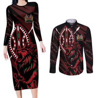 Kenya King Lion Personalized Couples Matching Long Sleeve Bodycon Dress and Long Sleeve Button Shirt Stylized Maasai Shield - Wonder Print Shop