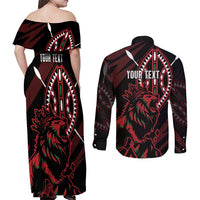 Kenya King Lion Personalized Couples Matching Off Shoulder Maxi Dress and Long Sleeve Button Shirt Stylized Maasai Shield - Wonder Print Shop