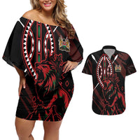 Kenya King Lion Personalized Couples Matching Off Shoulder Short Dress and Hawaiian Shirt Stylized Maasai Shield - Wonder Print Shop