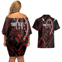 Kenya King Lion Personalized Couples Matching Off Shoulder Short Dress and Hawaiian Shirt Stylized Maasai Shield - Wonder Print Shop