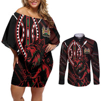 Kenya King Lion Personalized Couples Matching Off Shoulder Short Dress and Long Sleeve Button Shirt Stylized Maasai Shield - Wonder Print Shop