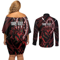 Kenya King Lion Personalized Couples Matching Off Shoulder Short Dress and Long Sleeve Button Shirt Stylized Maasai Shield - Wonder Print Shop